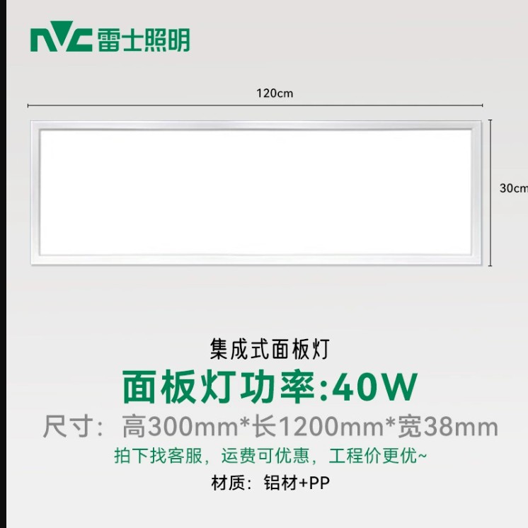 雷士照明平板灯，非集成款，298*1198mm，40W，4000K(标配弹簧卡扣 配一个快接头)
